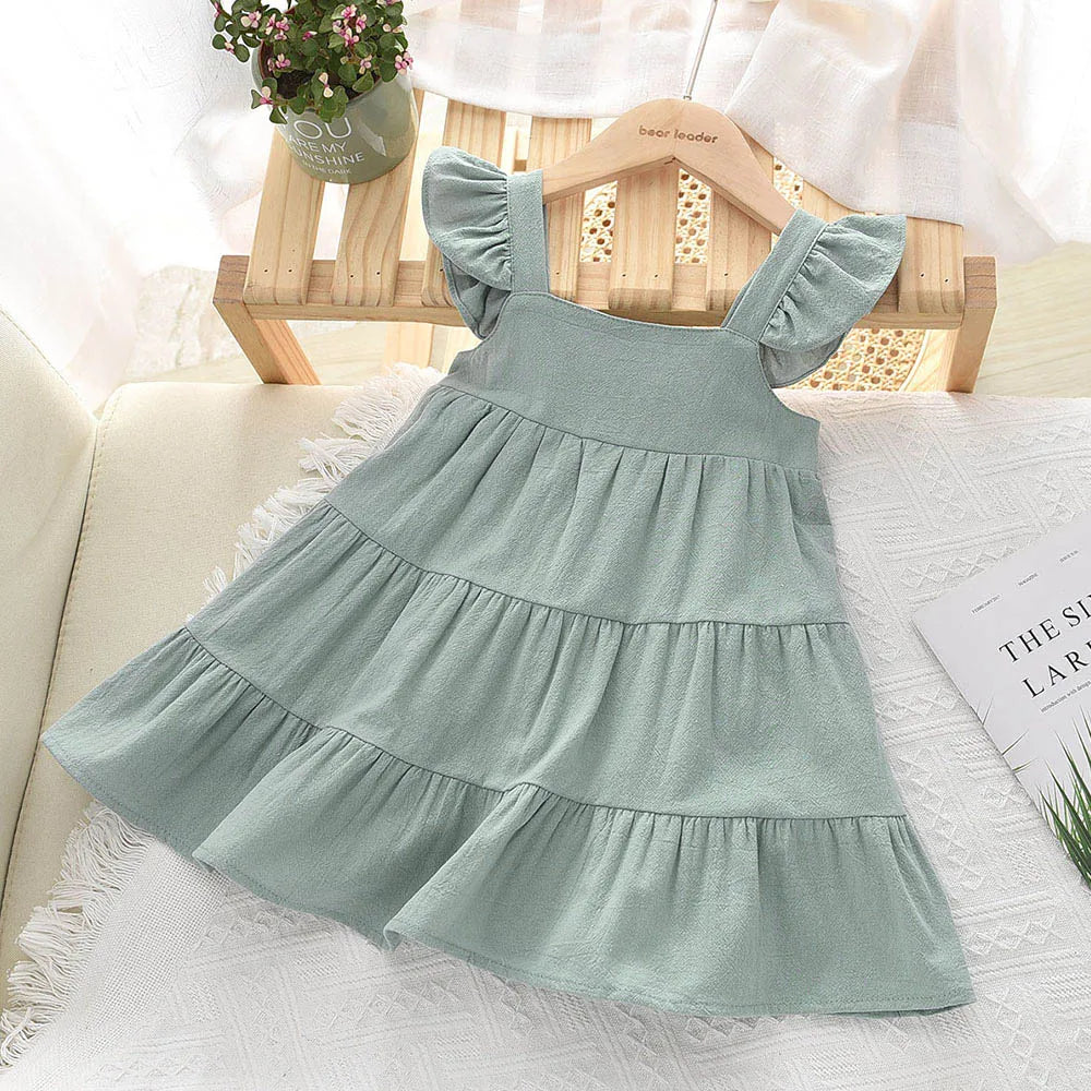 Vestido Infantil de Verão com Babados – Estilo Princesa Coreano, Sem Mangas e Cores Sólidas
