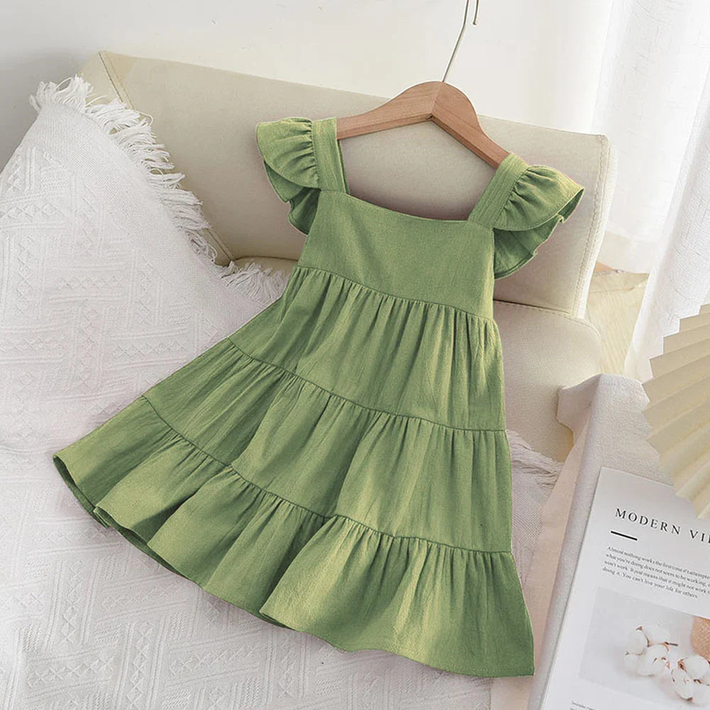 Vestido Infantil de Verão com Babados – Estilo Princesa Coreano, Sem Mangas e Cores Sólidas