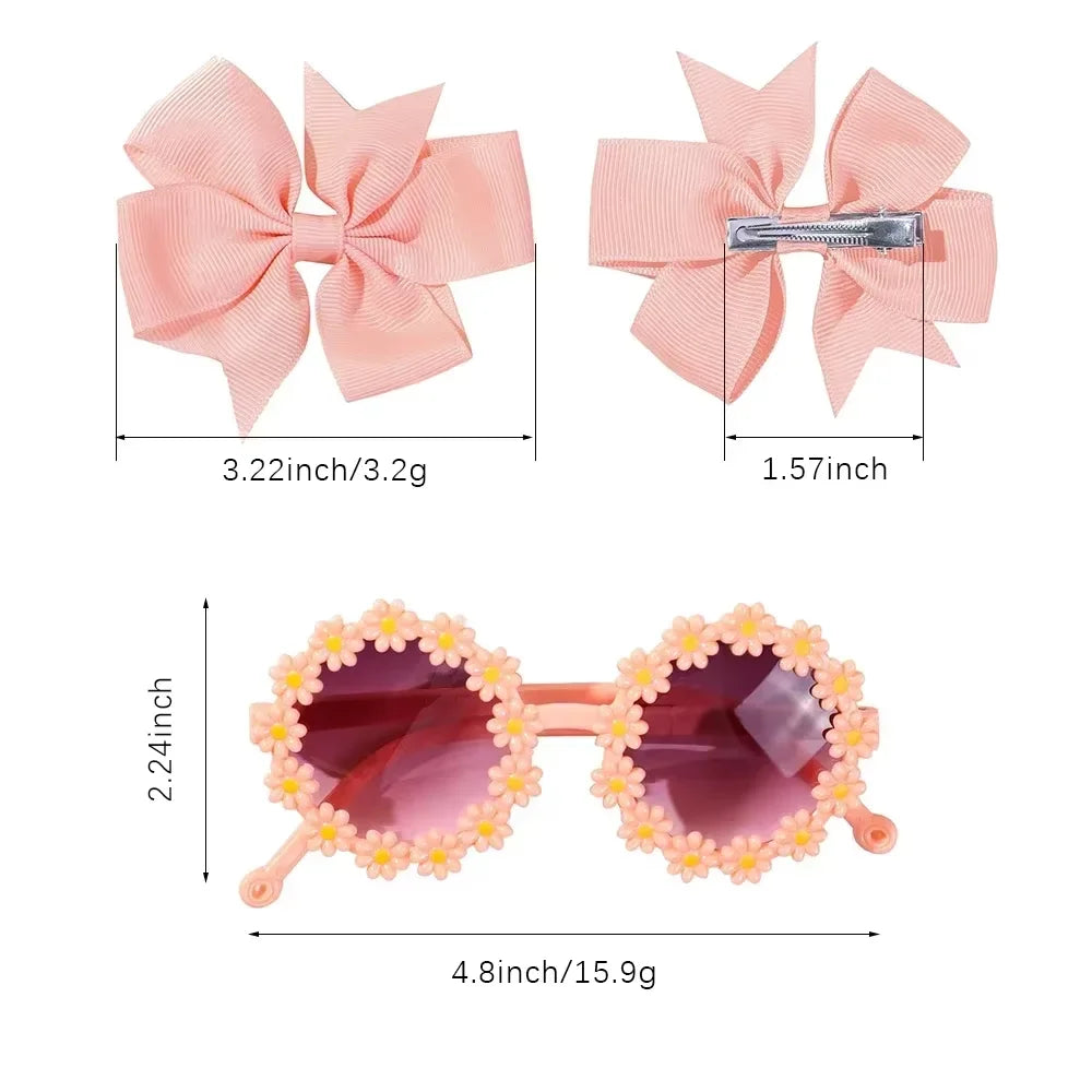 Conjunto 3 Presilhas Cheer Bow Retrô com Estampa Floral + Óculos Decorativo | Acessórios de Cabelo Feitos à Mão para Meninas