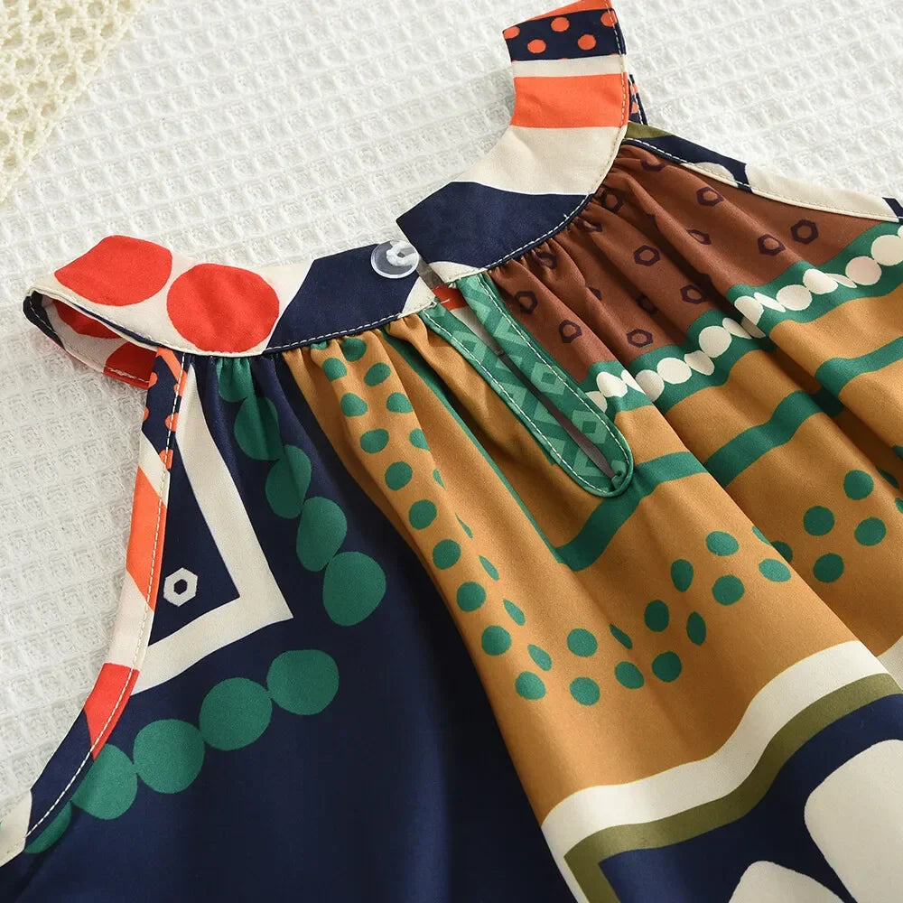 Vestido Infantil Verão Sem Manga com Estampa Patchwork Colorida – Moda Coreana para Meninas
