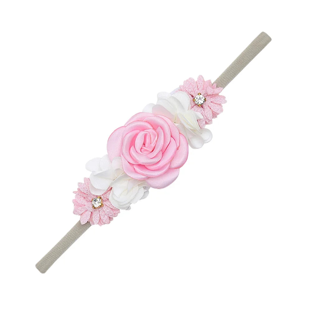 5 Tiaras Florais para Bebê Recém-Nascido – Faixas de Cabelo de Nylon com Flores Artificiais e Strass