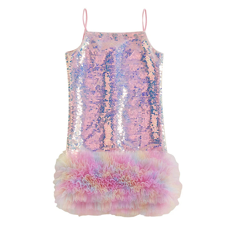 Vestido Infantil de Festa com Paetês e Camadas de Tule – Alças Finas e Babados Elegantes