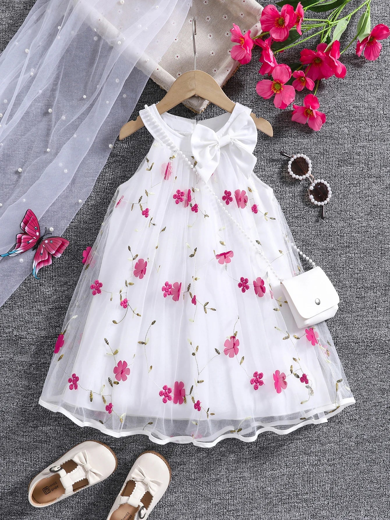 Vestido Infantil de Festa com Laço e Bordado Floral – Roupa Elegante para Meninas