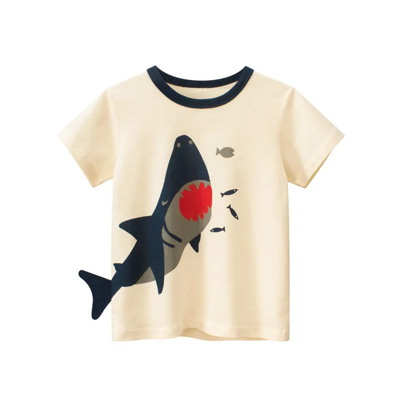 Camisetas Infantis 100% Algodão com Estampa 3D – Tubarões e Dinossauros Divertidos