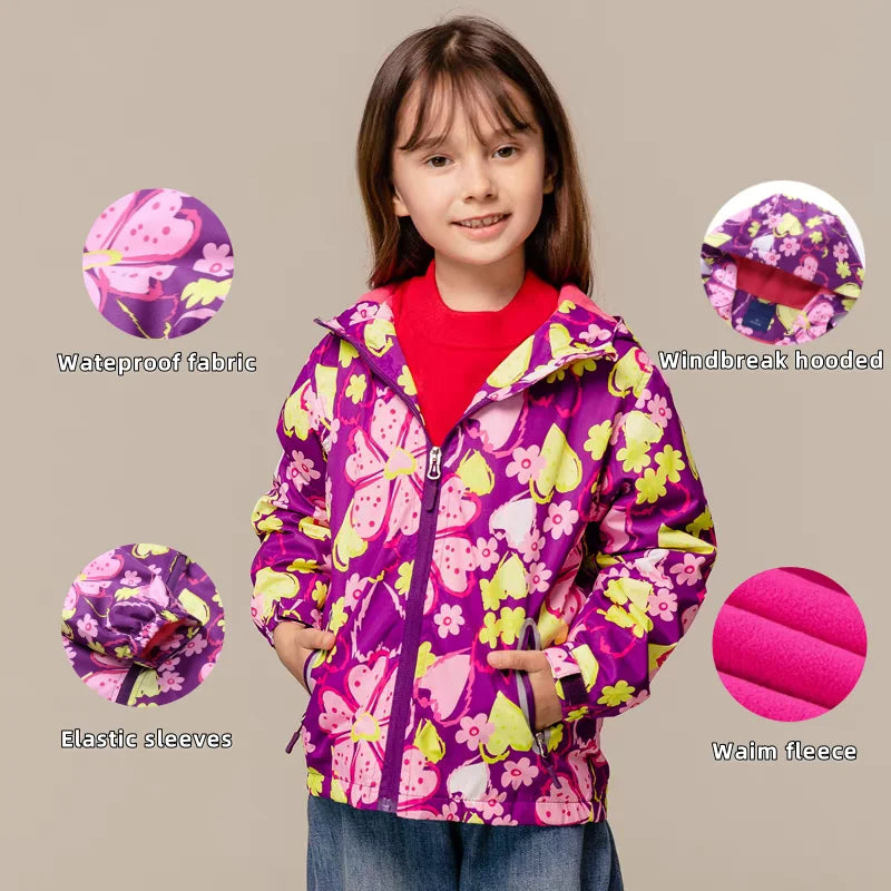 Jaqueta Infantil Impermeável Forrada em Fleece – Corta-Vento de Primavera e Outono para Meninas