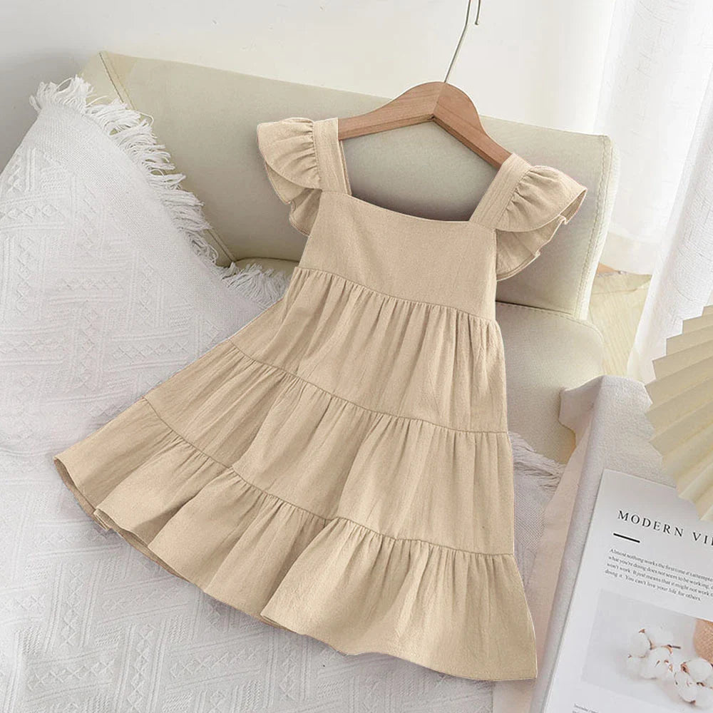 Vestido Infantil de Verão com Babados – Estilo Princesa Coreano, Sem Mangas e Cores Sólidas