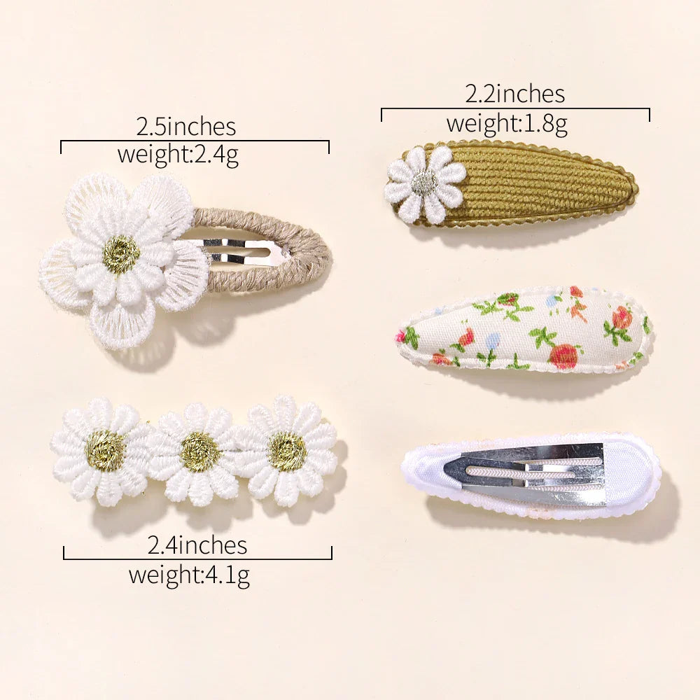 Conjunto 5 Presilhas de Cabelo Infantil – Mini Laços Florais, Coelhinho e Princesa