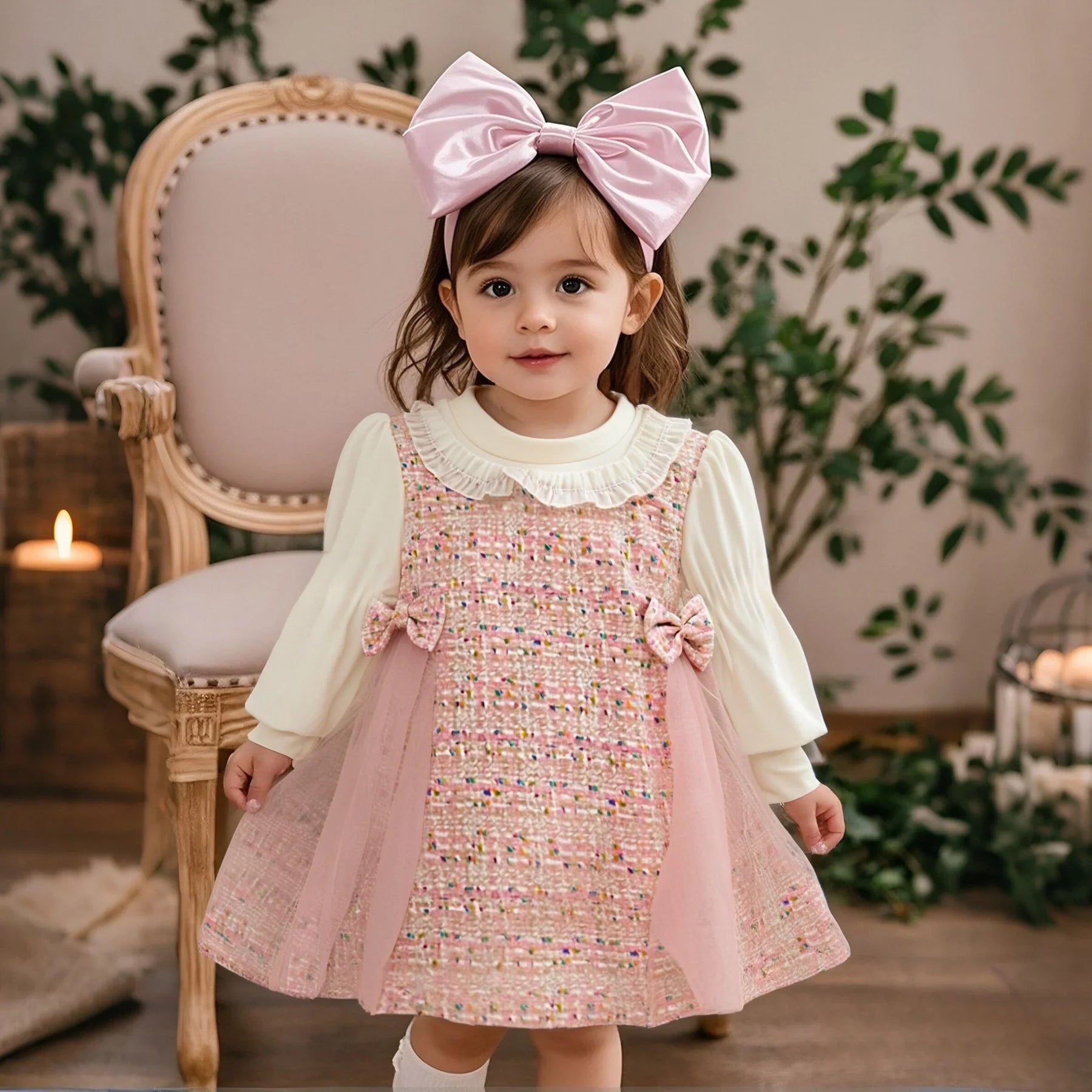 Vestido Infantil Xadrez com Tule e Laço – Manga Longa e Estilo Doce para Meninas