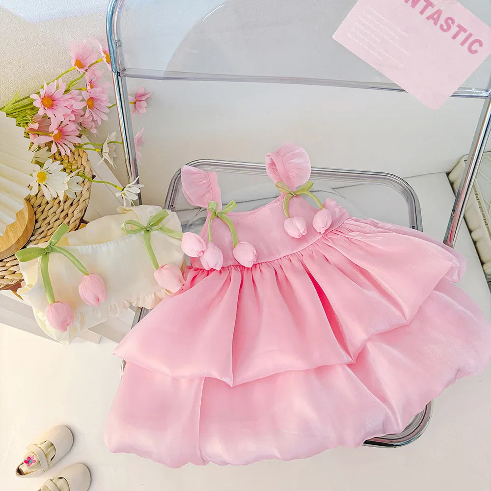 Vestido Infantil Feminino Tule Rosa ou Off White com Detalhe de Tulipas – Encanto e Delicadeza para Ocasiões Especiais