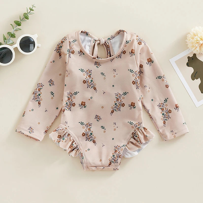 Maiô Infantil Floral Manga Longa com Babados