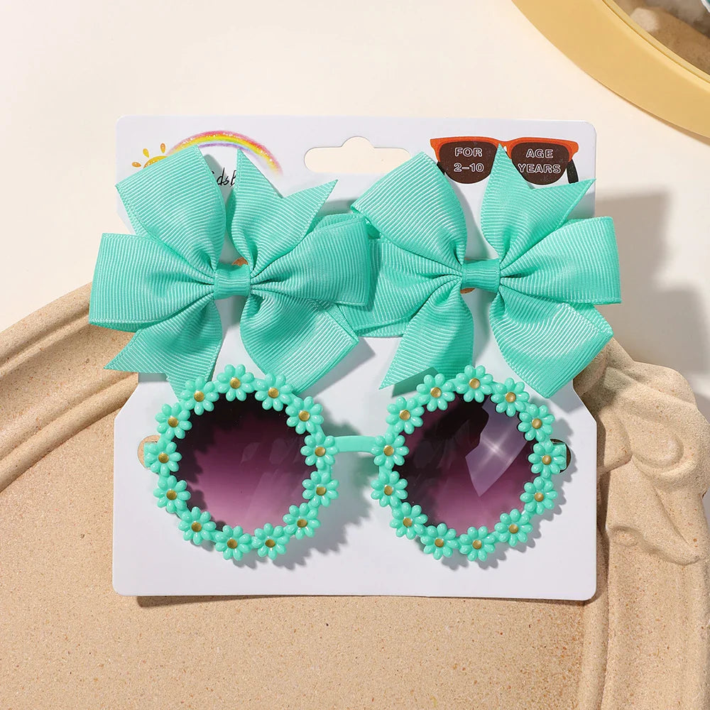 Conjunto 3 Presilhas Cheer Bow Retrô com Estampa Floral + Óculos Decorativo | Acessórios de Cabelo Feitos à Mão para Meninas