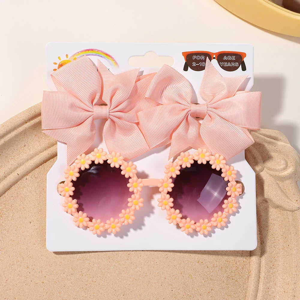 Conjunto 3 Presilhas Cheer Bow Retrô com Estampa Floral + Óculos Decorativo | Acessórios de Cabelo Feitos à Mão para Meninas