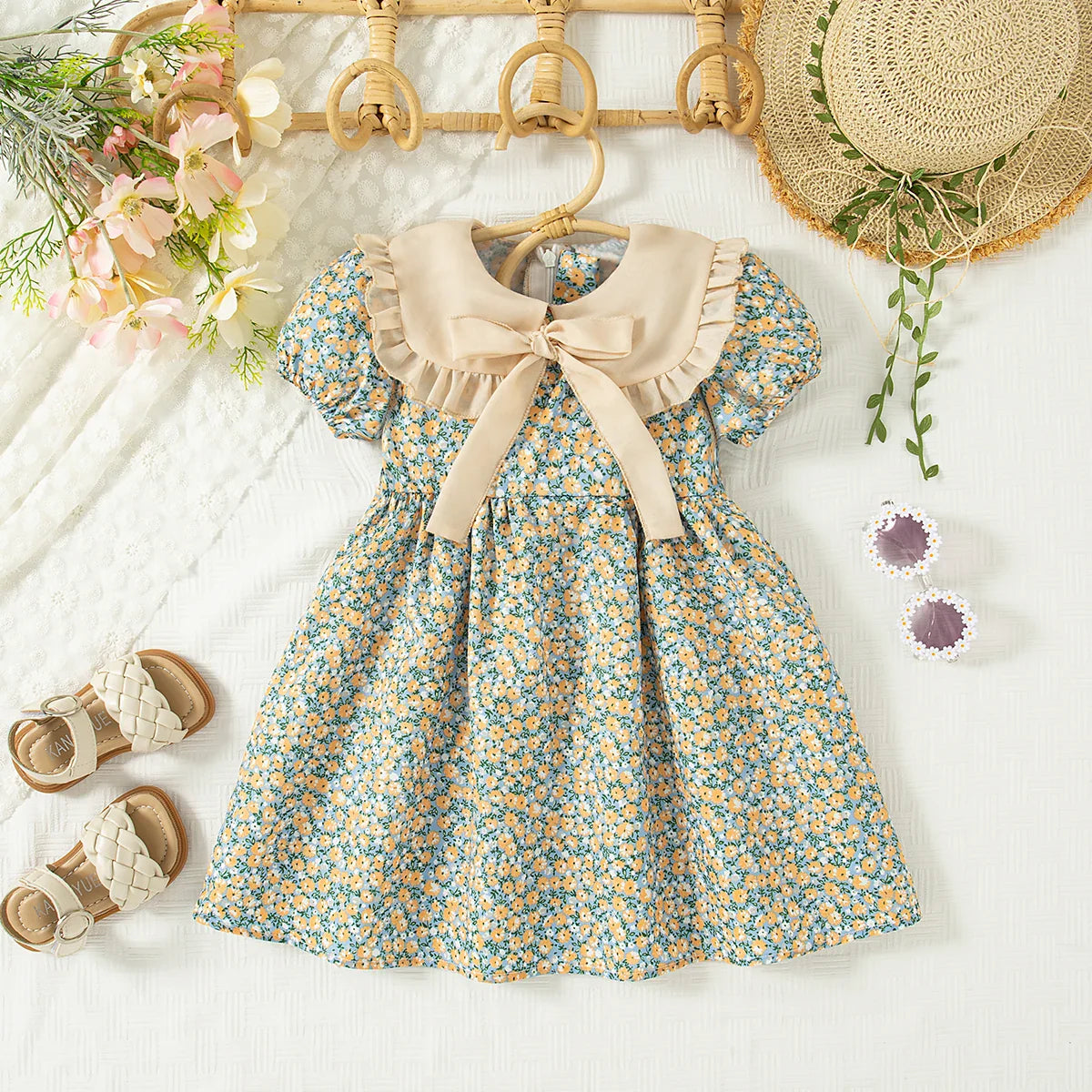 Vestido Infantil de Verão com Gola Boneca e Laço – Estilo Princesa Coreano