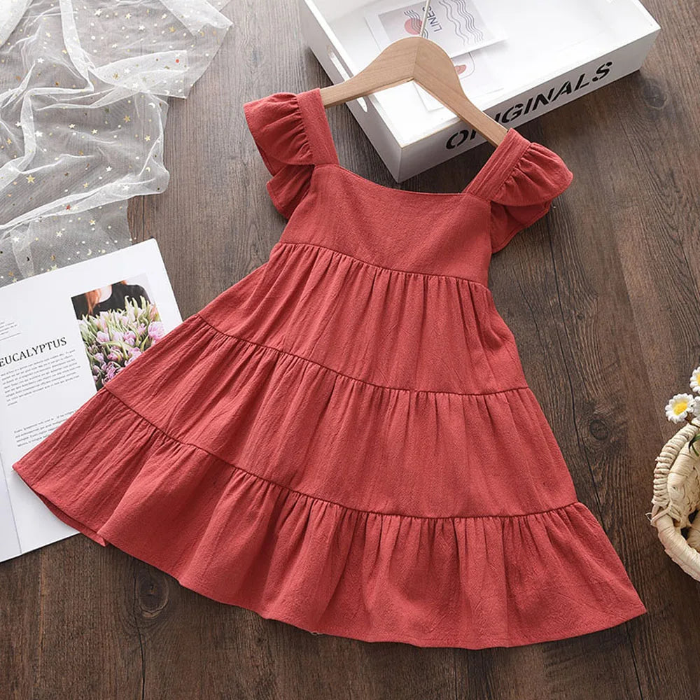 Vestido Infantil de Verão com Babados – Estilo Princesa Coreano, Sem Mangas e Cores Sólidas