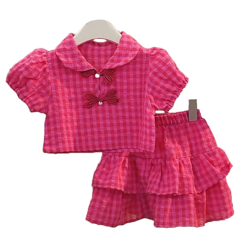 Conjunto Infantil Feminino Xadrez Rosa com Blusa e Saia – Delicadeza e Estilo para as Pequenas