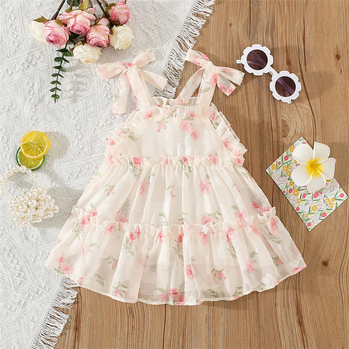 Vestido Infantil de Verão em Mousseline Floral – Sem Mangas com Laço Decorativo