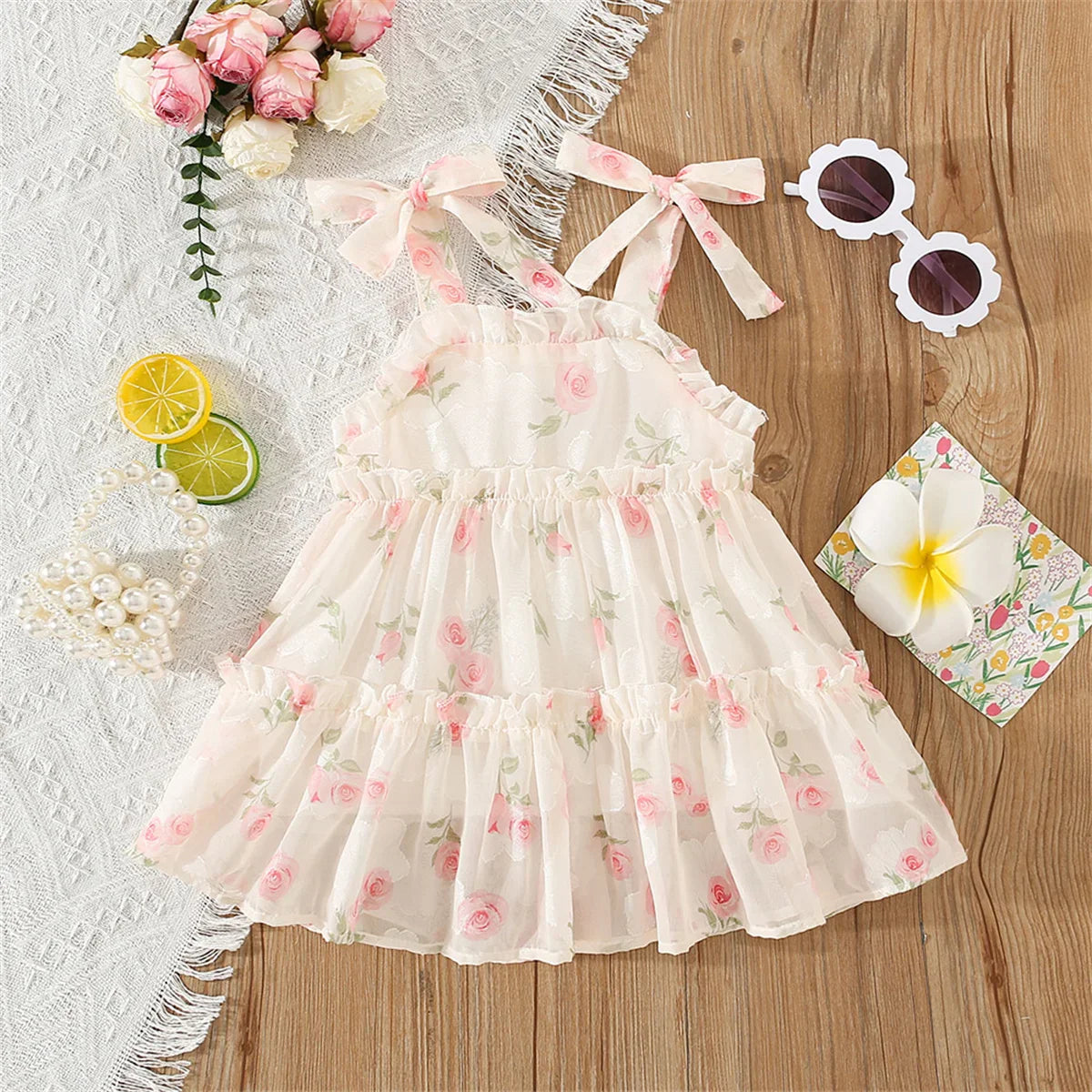Vestido Infantil de Verão em Mousseline Floral – Sem Mangas com Laço Decorativo