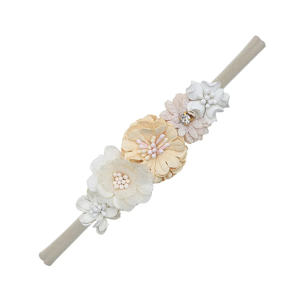 5 Tiaras Florais para Bebê Recém-Nascido – Faixas de Cabelo de Nylon com Flores Artificiais e Strass