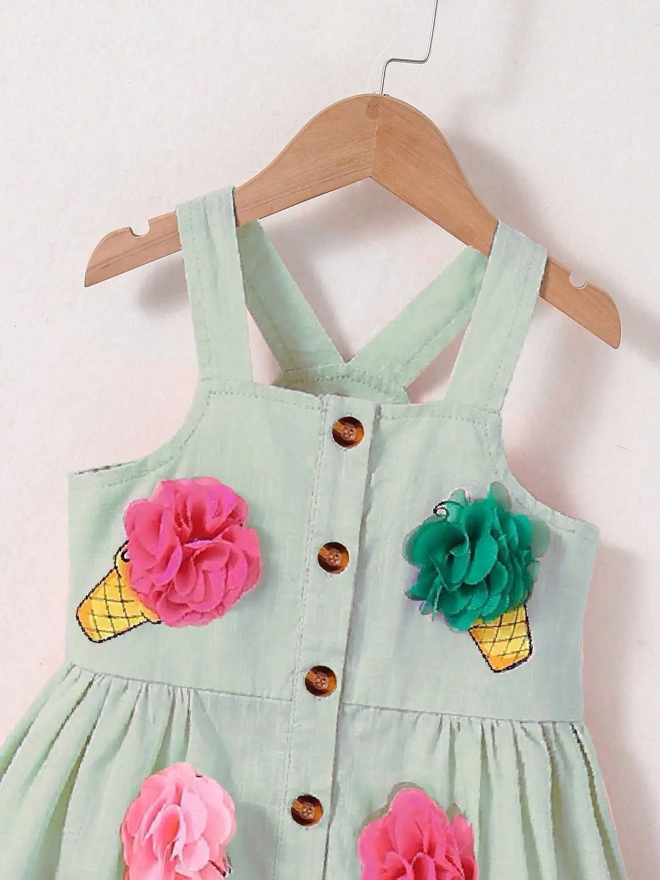 Vestido Infantil Branco de Verão com Estampa de Sorvete e Flores 3D – Sem Mangas