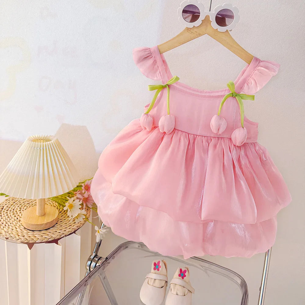 Vestido Infantil Feminino Tule Rosa ou Off White com Detalhe de Tulipas – Encanto e Delicadeza para Ocasiões Especiais