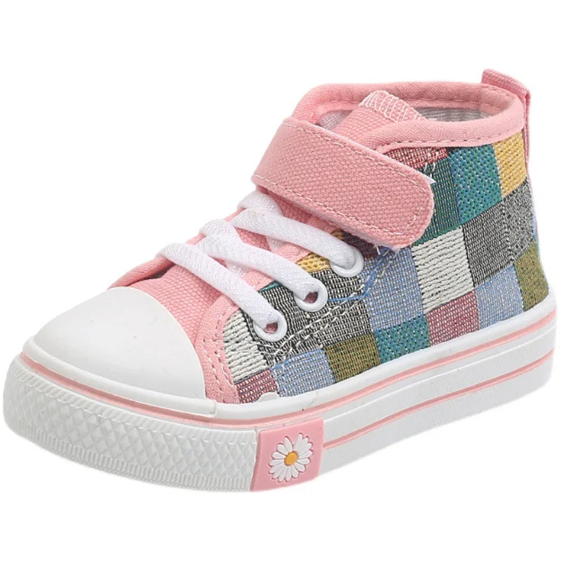 Tênis Infantil Xadrez Cano Alto – Casual Confortável com Cadarço e Velcro para Meninos e Meninas