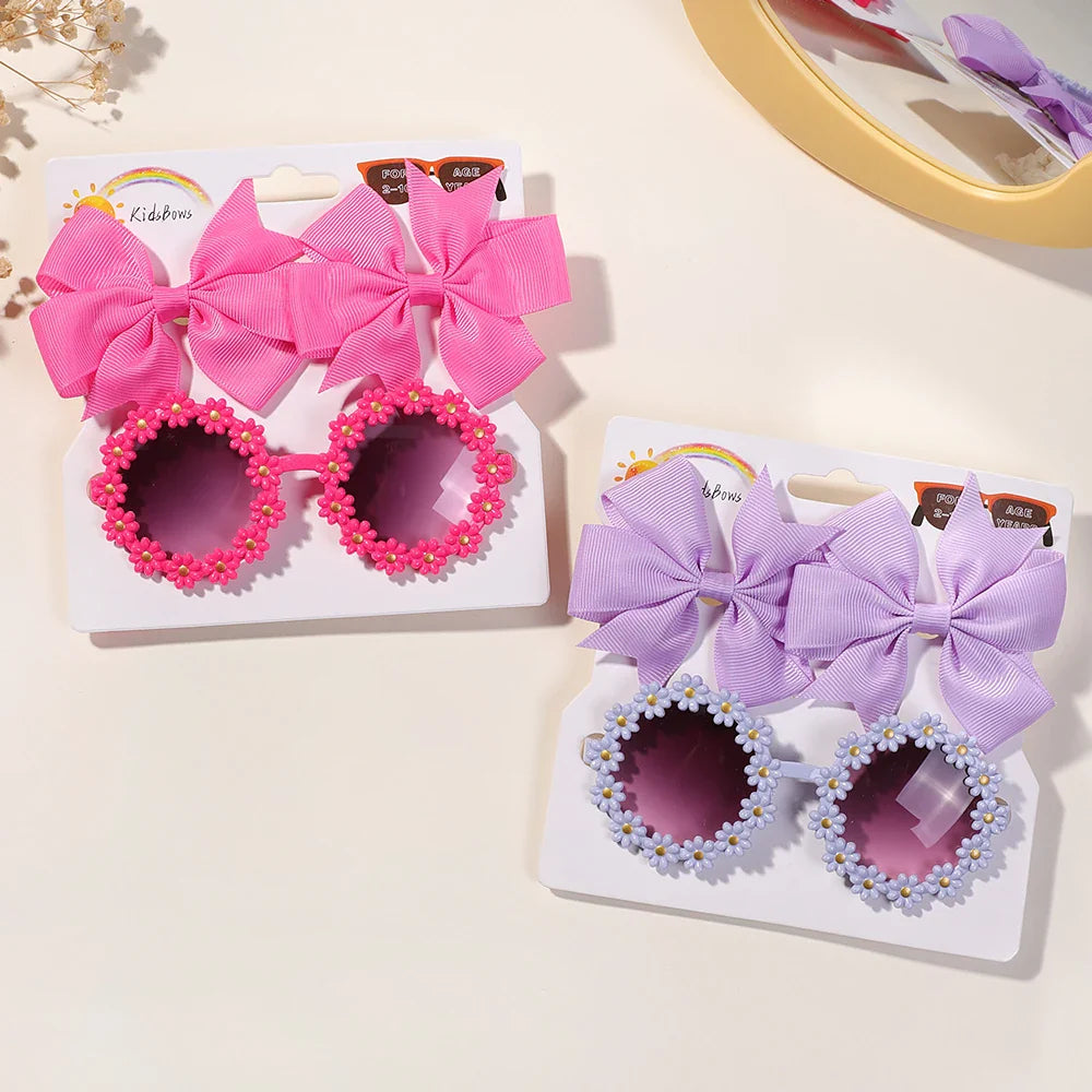 Conjunto 3 Presilhas Cheer Bow Retrô com Estampa Floral + Óculos Decorativo | Acessórios de Cabelo Feitos à Mão para Meninas