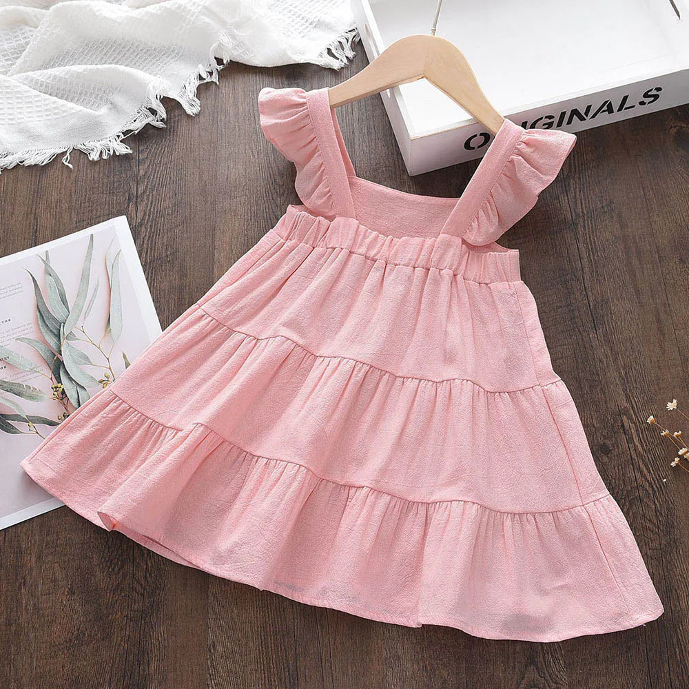 Vestido Infantil de Verão com Babados – Estilo Princesa Coreano, Sem Mangas e Cores Sólidas
