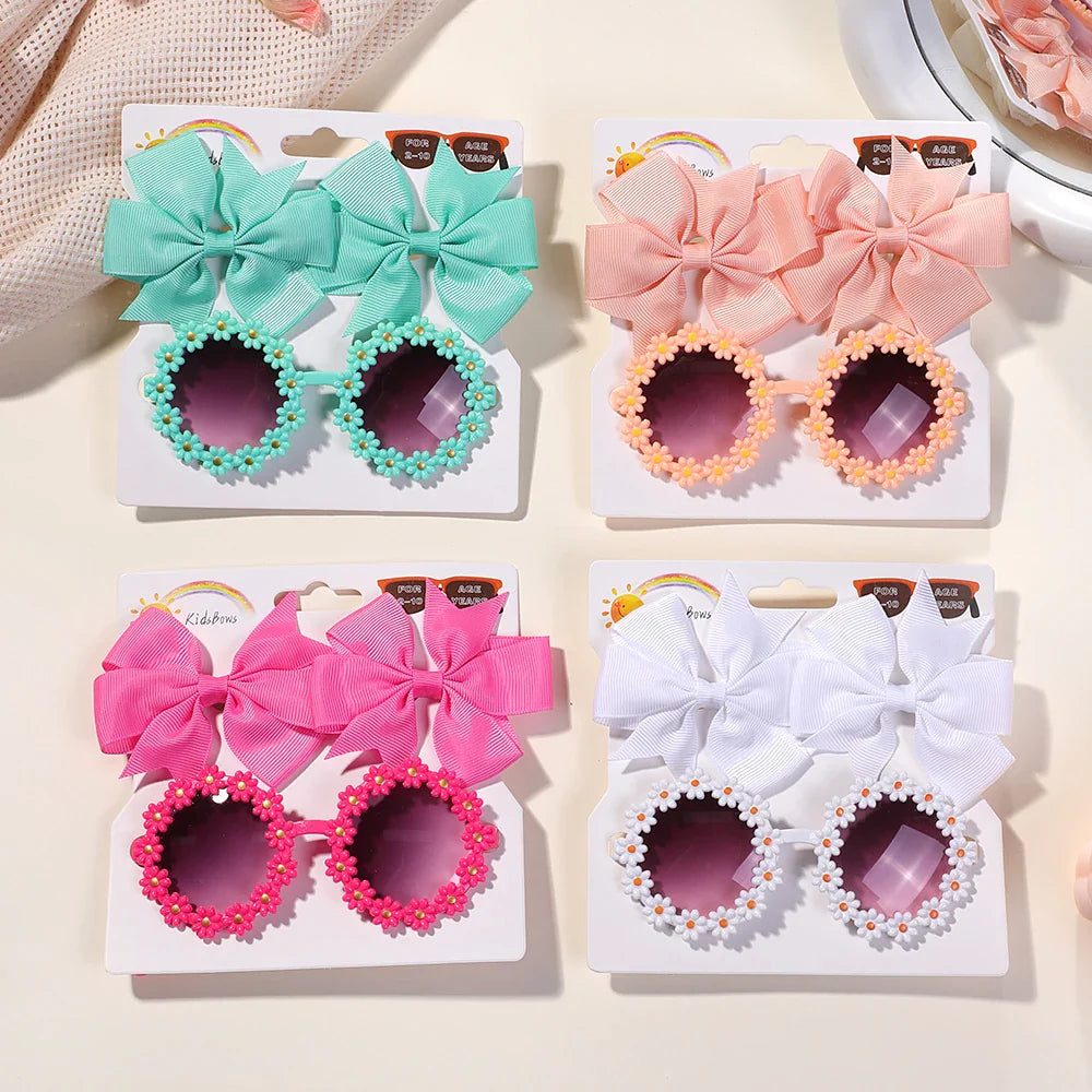 Conjunto 3 Presilhas Cheer Bow Retrô com Estampa Floral + Óculos Decorativo | Acessórios de Cabelo Feitos à Mão para Meninas