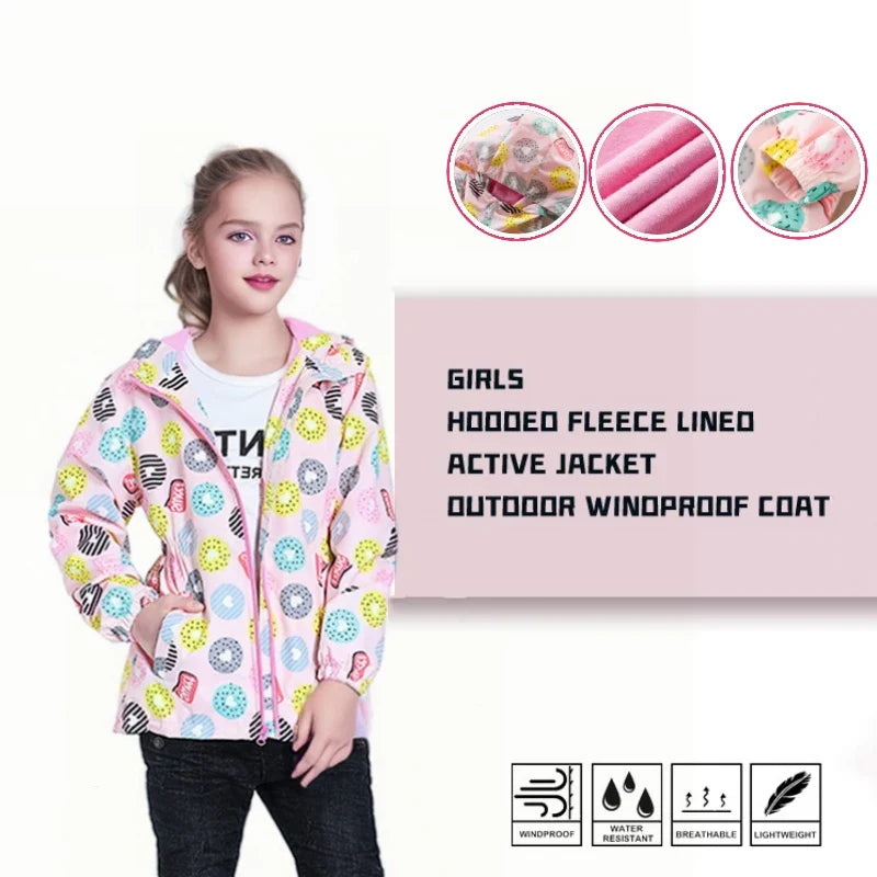 Jaqueta Infantil Impermeável Forrada em Fleece – Corta-Vento de Primavera e Outono para Meninas
