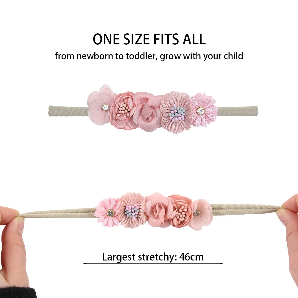 5 Tiaras Florais para Bebê Recém-Nascido – Faixas de Cabelo de Nylon com Flores Artificiais e Strass