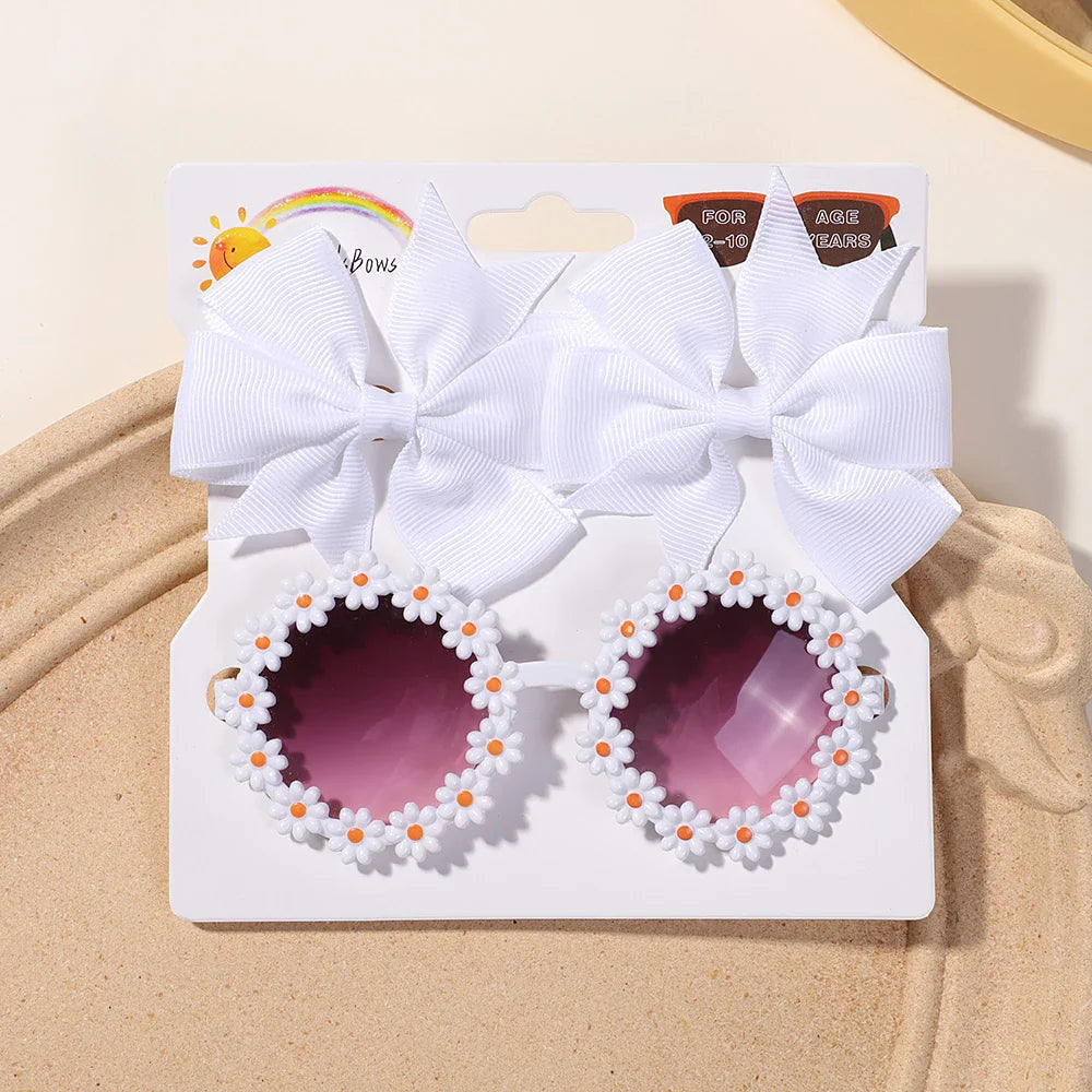 Conjunto 3 Presilhas Cheer Bow Retrô com Estampa Floral + Óculos Decorativo | Acessórios de Cabelo Feitos à Mão para Meninas