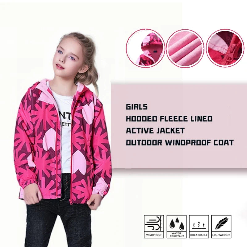 Jaqueta Infantil Impermeável Forrada em Fleece – Corta-Vento de Primavera e Outono para Meninas