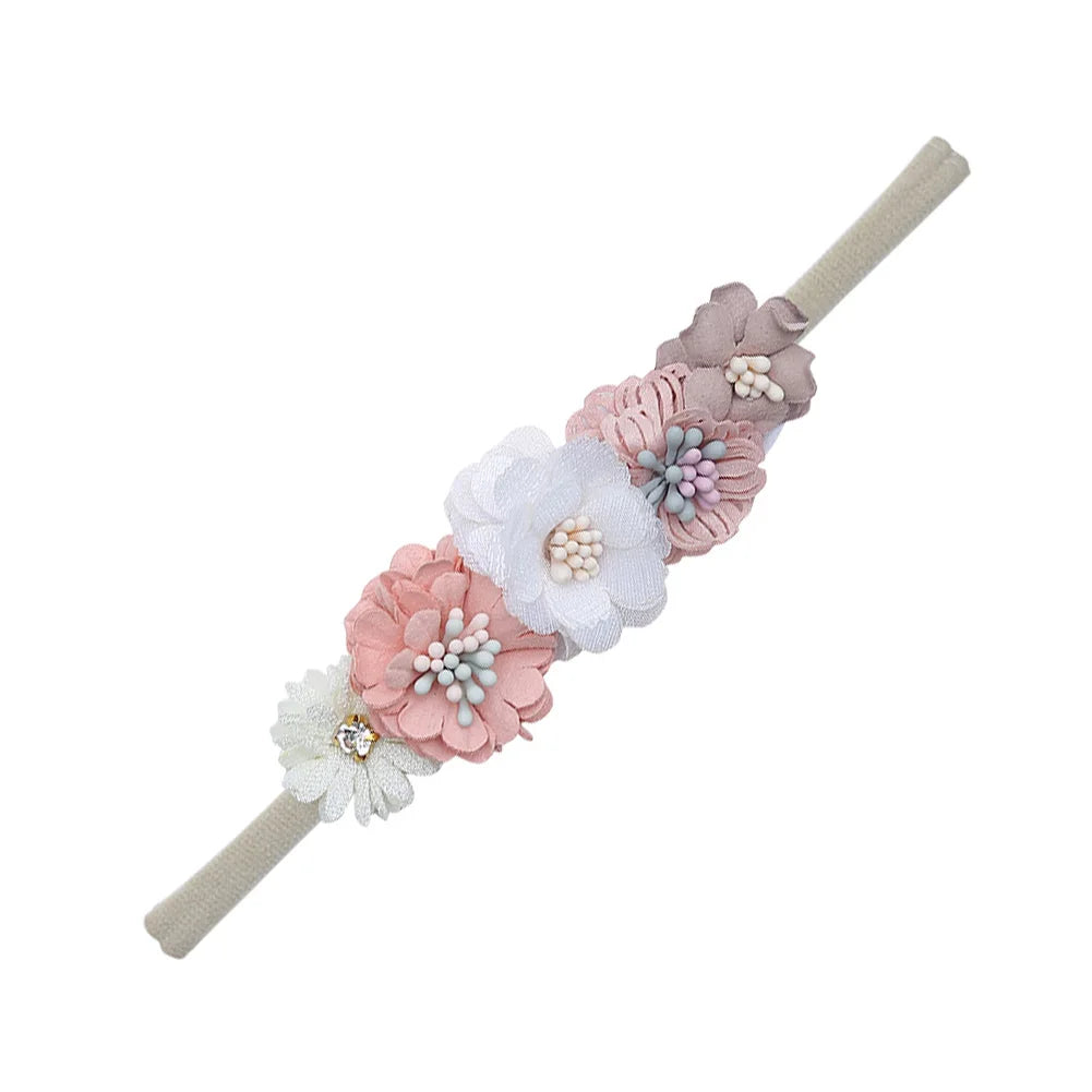 5 Tiaras Florais para Bebê Recém-Nascido – Faixas de Cabelo de Nylon com Flores Artificiais e Strass