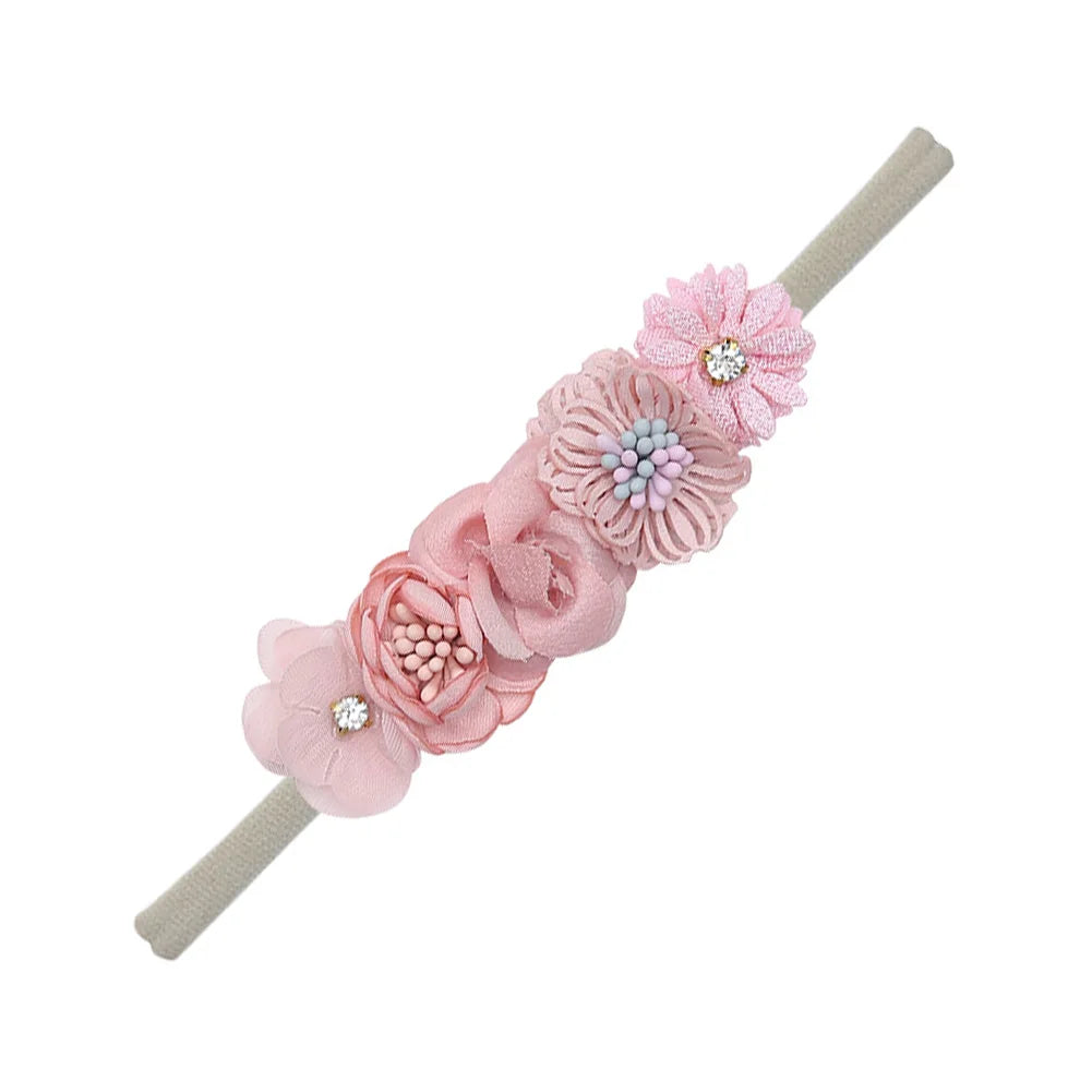 5 Tiaras Florais para Bebê Recém-Nascido – Faixas de Cabelo de Nylon com Flores Artificiais e Strass