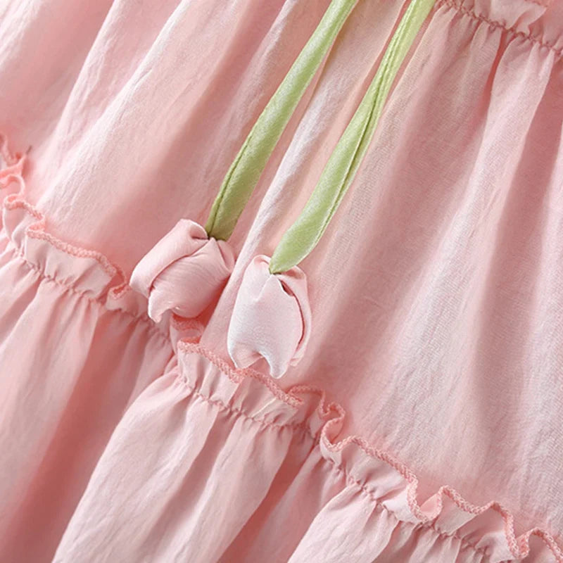 Vestido Infantil Feminino Rosa com Laço Verde – Delicadeza e Charme para Todas as Ocasiões