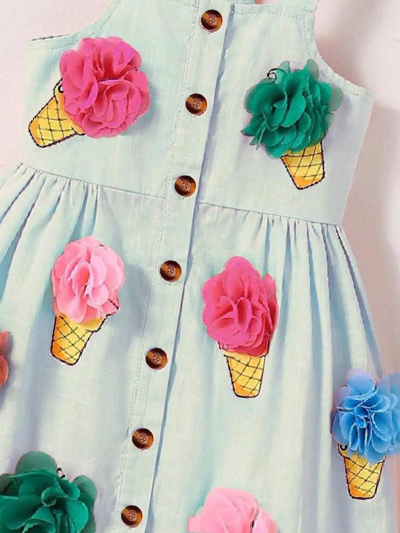 Vestido Infantil Branco de Verão com Estampa de Sorvete e Flores 3D – Sem Mangas