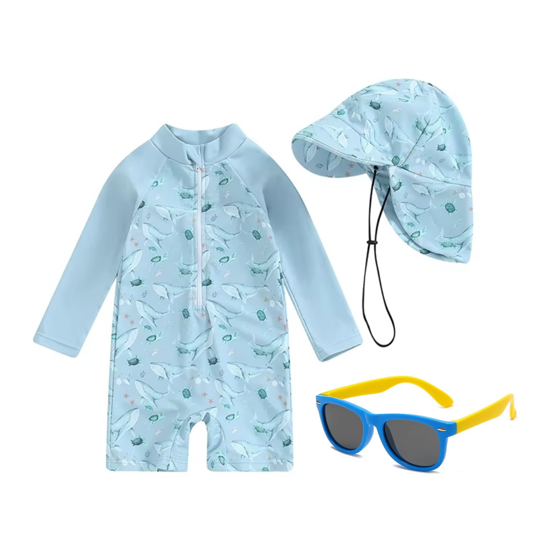 Kit Praia Óculos de Sol Infantis Flexíveis + Conjunto Proteção UV