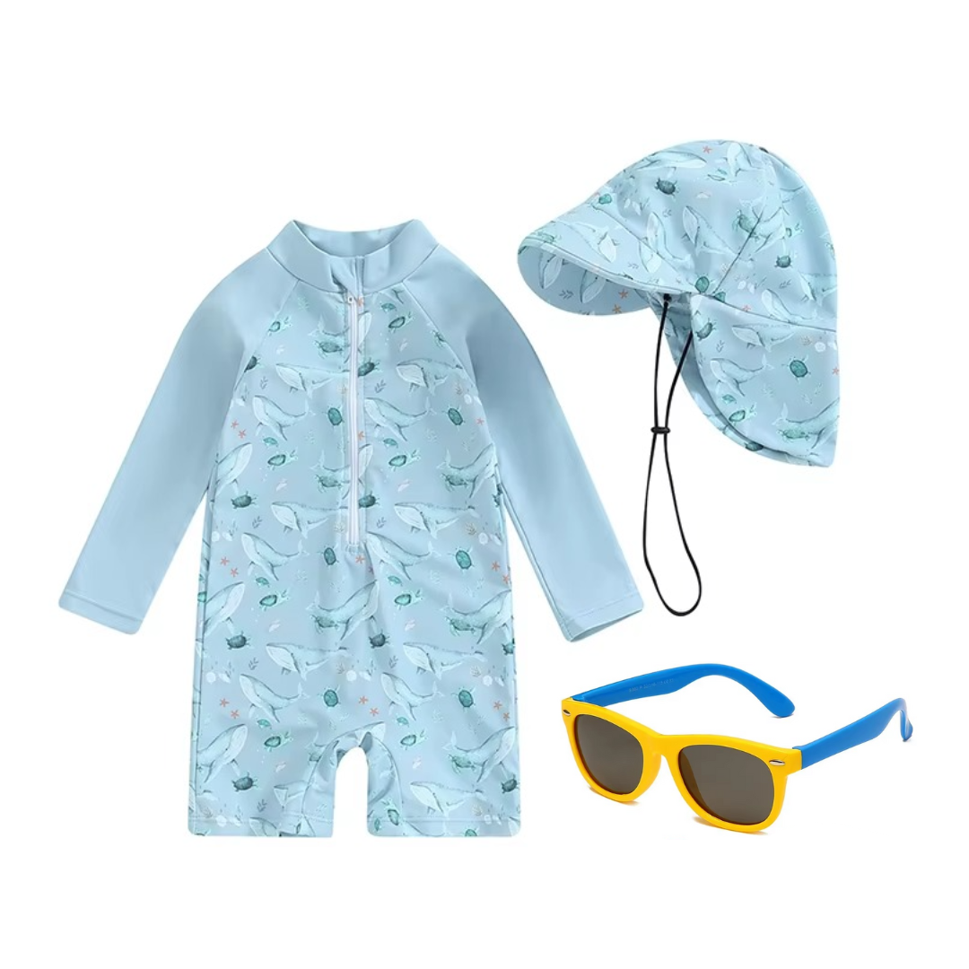 Kit Praia Óculos de Sol Infantis Flexíveis + Conjunto Proteção UV