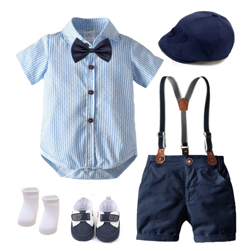 Conjunto Infantil Masculino Social Azul com Suspensório e Gravata Borboleta – Roupa Elegante para Bebê Menino