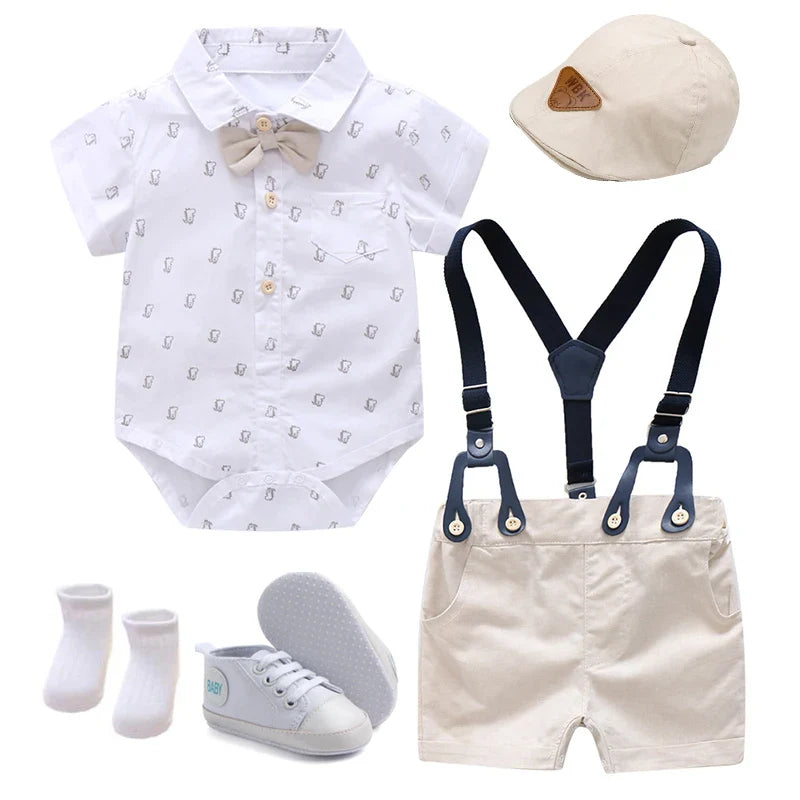 Conjunto Infantil Masculino Social Azul com Suspensório e Gravata Borboleta – Roupa Elegante para Bebê Menino