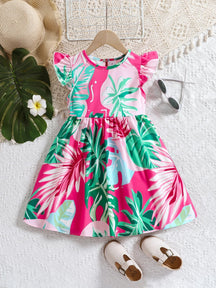 Vestido Infantil de Verão com Estampa Floral – Mangas em Babado e Gola Redonda