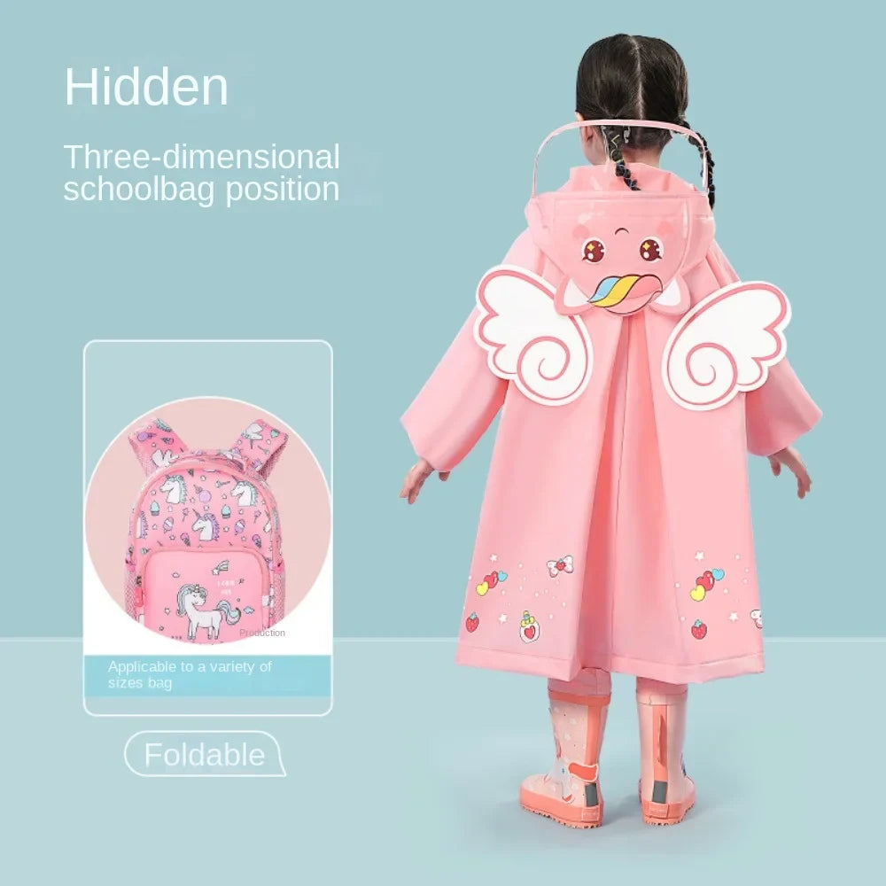 Capa de Chuva Infantil Impermeável com Estampa de Dinossauro ou Unicórnio – Com Espaço para Mochila | Poncho Escolar para Meninos e Meninas