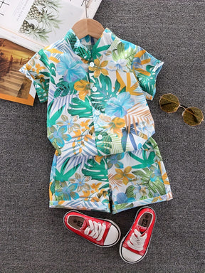Conjunto Infantil de Verão com Camisa Floral e Shorts – Estilo Tropical para Meninos