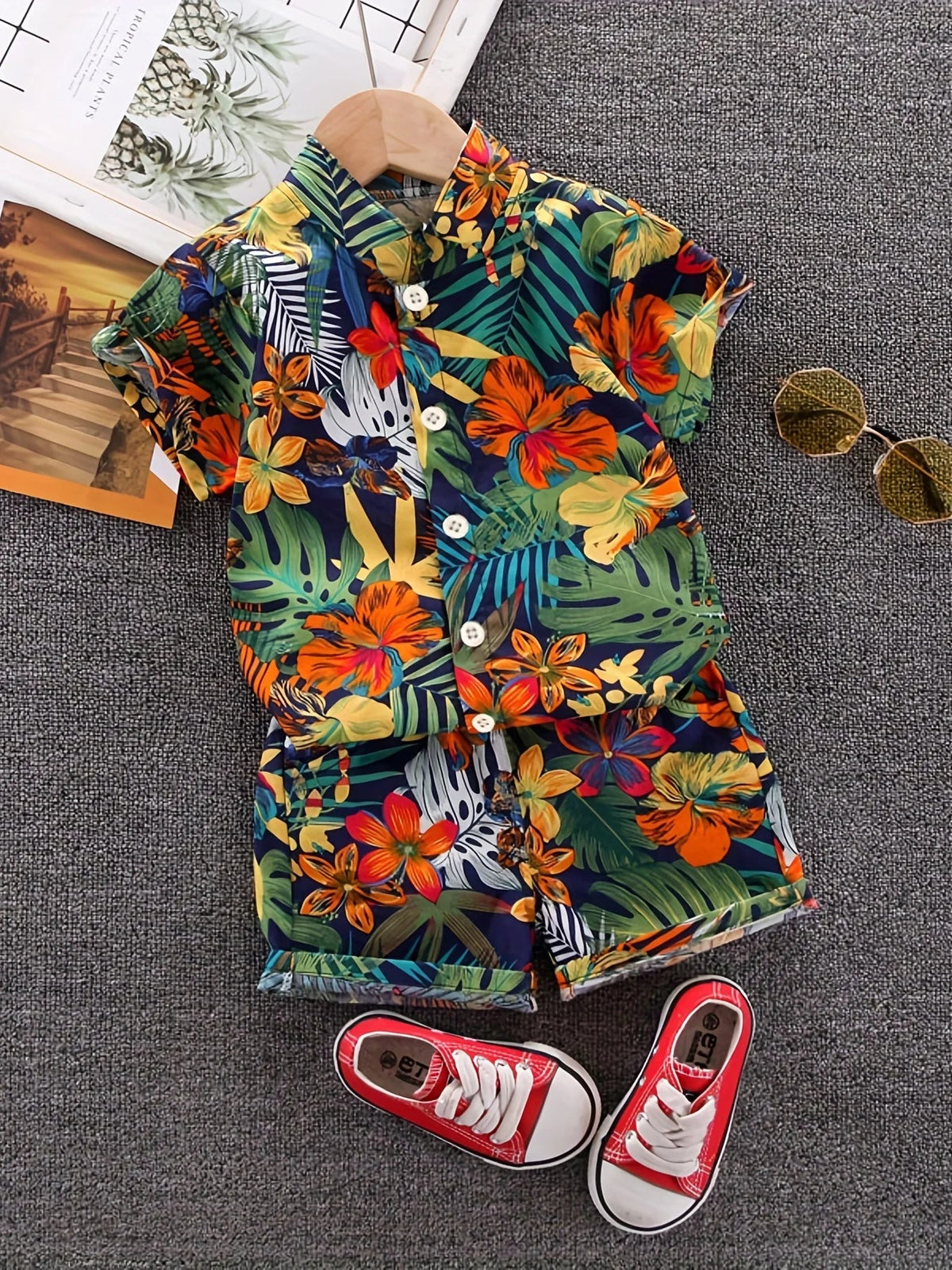 Conjunto Infantil de Verão com Camisa Floral e Shorts – Estilo Tropical para Meninos
