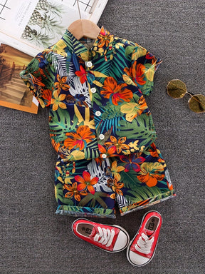 Conjunto Infantil de Verão com Camisa Floral e Shorts – Estilo Tropical para Meninos