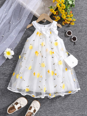 Vestido Infantil de Festa com Laço e Bordado Floral – Roupa Elegante para Meninas