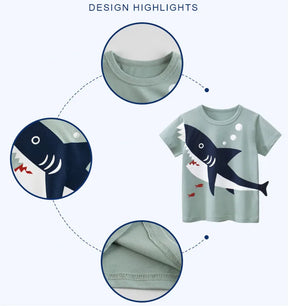 Camisetas Infantis 100% Algodão com Estampa 3D – Tubarões e Dinossauros Divertidos