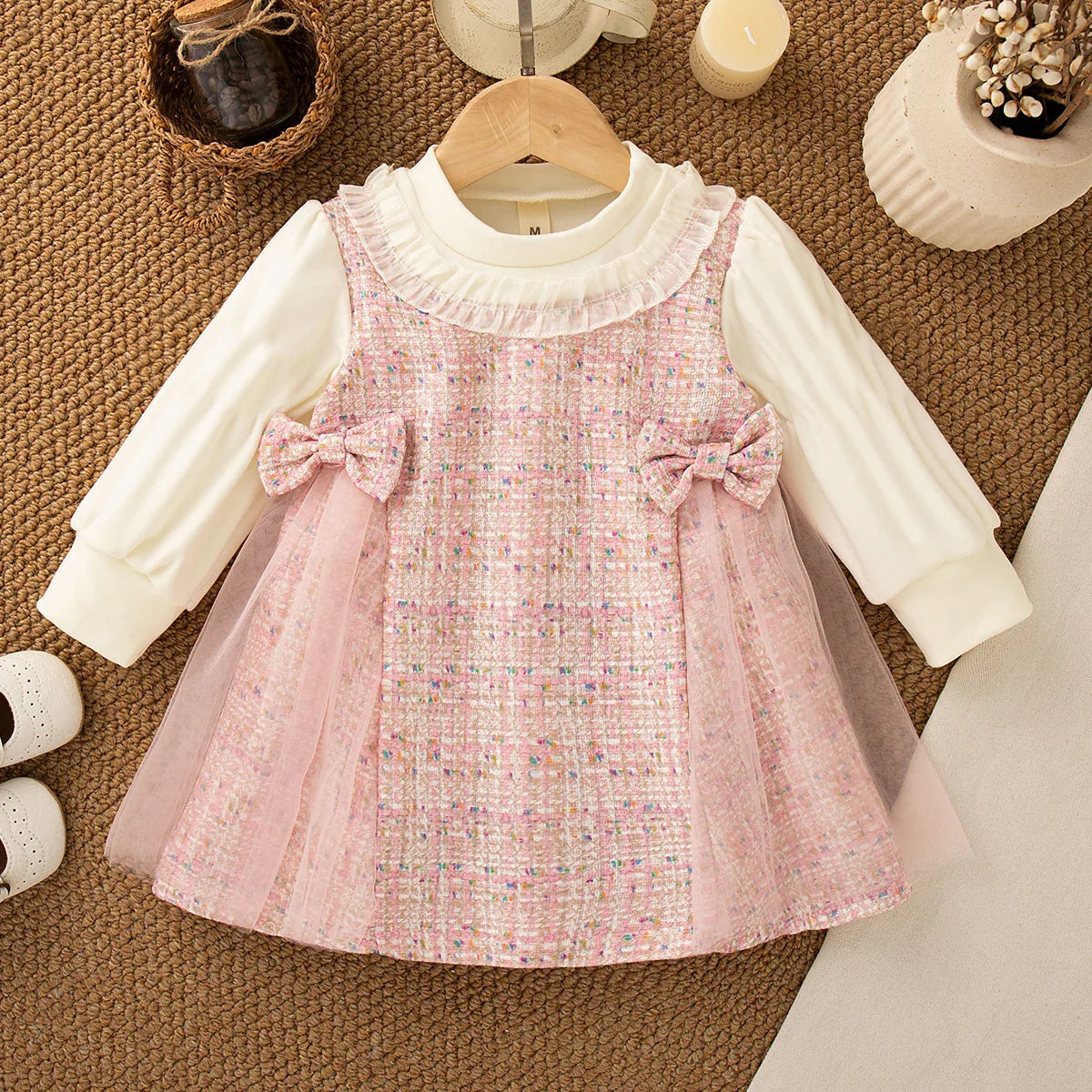 Vestido Infantil Xadrez com Tule e Laço – Manga Longa e Estilo Doce para Meninas
