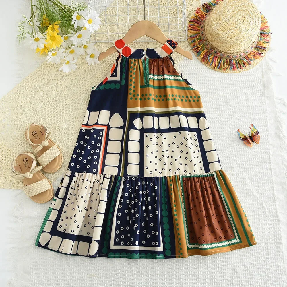 Vestido Infantil Verão Sem Manga com Estampa Patchwork Colorida – Moda Coreana para Meninas