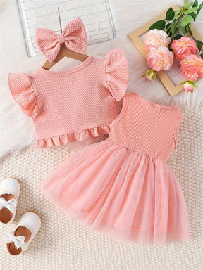 Vestido Infantil de Verão com Flor na Cintura – Conjunto com Bolero e Laço para Bebês